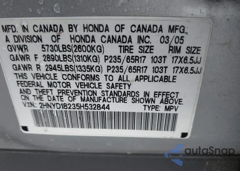 2005 Acura Mdx z USA, uszkodzony, nr VIN 2HNYD18235H536284